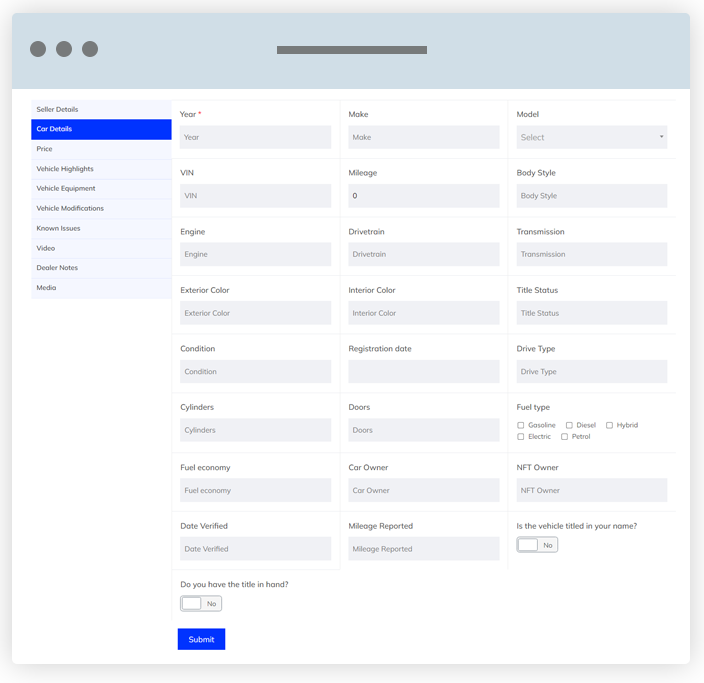 build your dream car website - Seller form