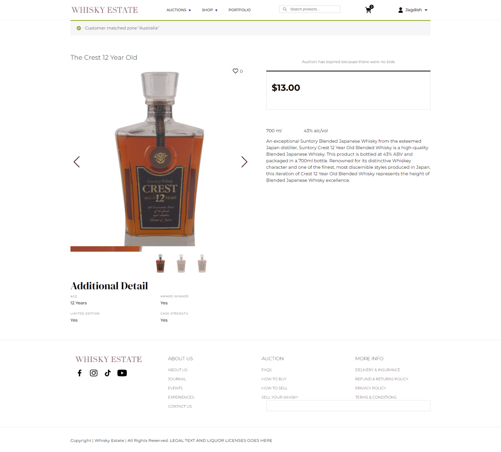 Product detail page of an auction website showing bidding options and item description