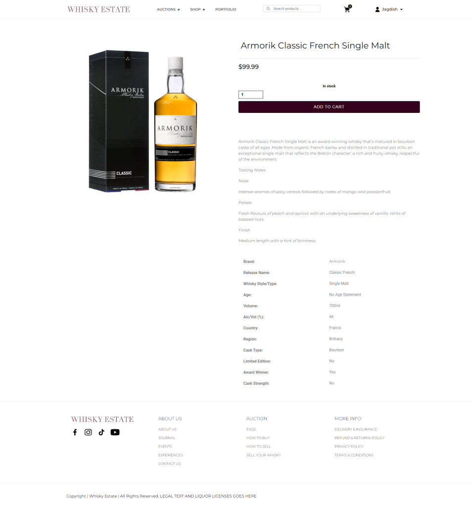 Simple product detail page displaying item description, price, and add-to-cart button on an auction website